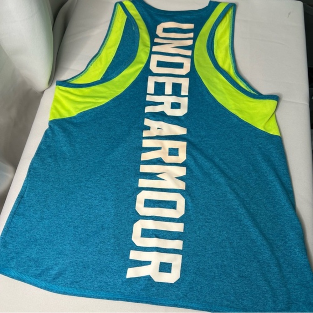 Under Armour HeatGear Large Teal and Green Logo Athletic Tank Top